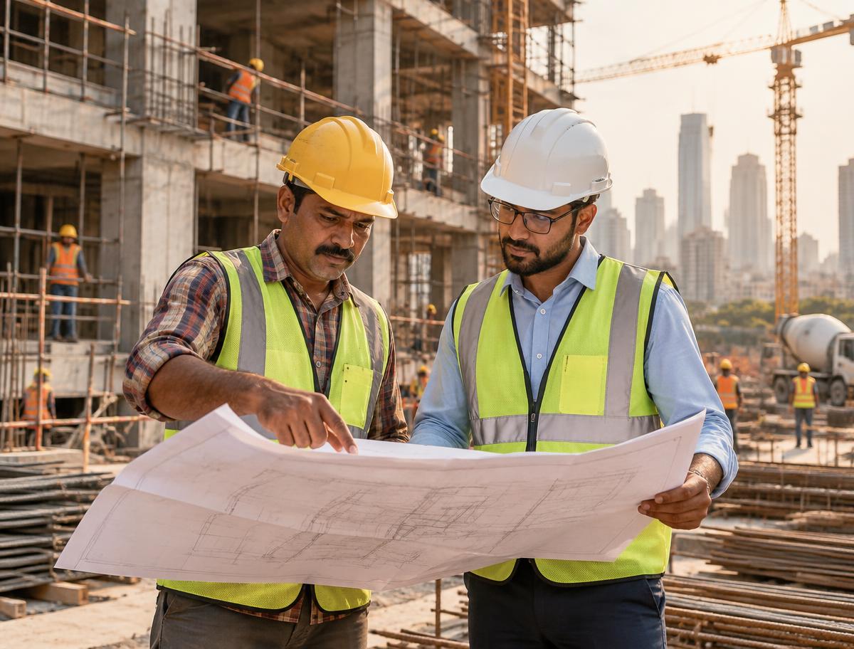 Site supervisors reviewing architectural plans