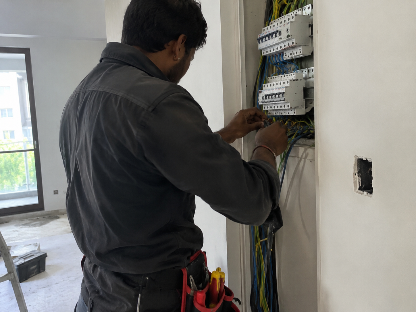 Electrician working on an internal electrical distribution board