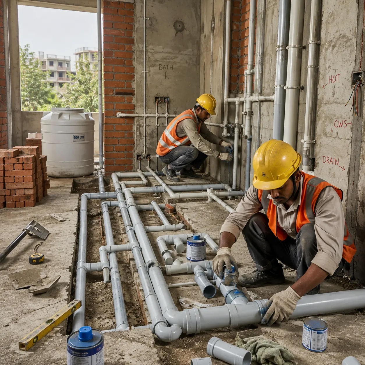 Plumbers assembling water supply and drainage pipe networks inside a building