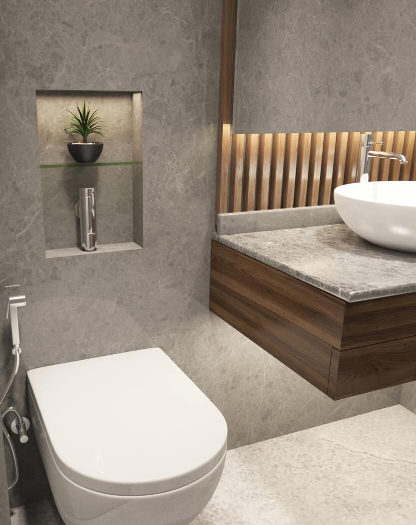 Finished bathroom with wall-hung toilet, washbasin and concealed plumbing fittings